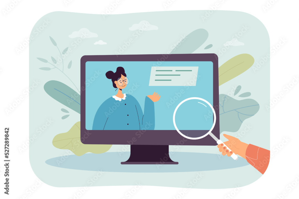 Human looking at computer monitor through magnifier. Woman with text bubble on screen flat vector illustration. Information, searching engine concept for banner, website design or landing web page Human looking at computer monitor through magnifier. Woman with text bubble on screen flat vector illustration. Information, searching engine concept for banner, website design or landing web page