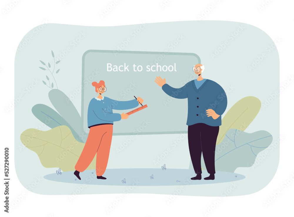 Teacher and pupil near chalkboard with back to school phrase. Old teacher conducting lesson flat vector illustration. Education, knowledge, study concept for banner, website design or landing web page