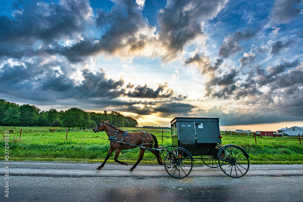Amish horse and buggy on rural Indiana road at sunrise.