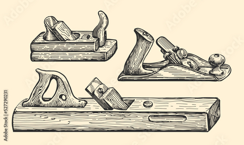 Hand jointer in sketch vintage style. Woodworking, carpenter tool vector illustration. Carpentry, woodwork concept photo