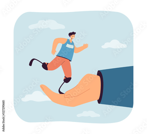 Hand holding tiny athlete running on prosthetics. Support for training man with artificial legs flat vector illustration. Sport, insurance concept for banner, website design or landing web page