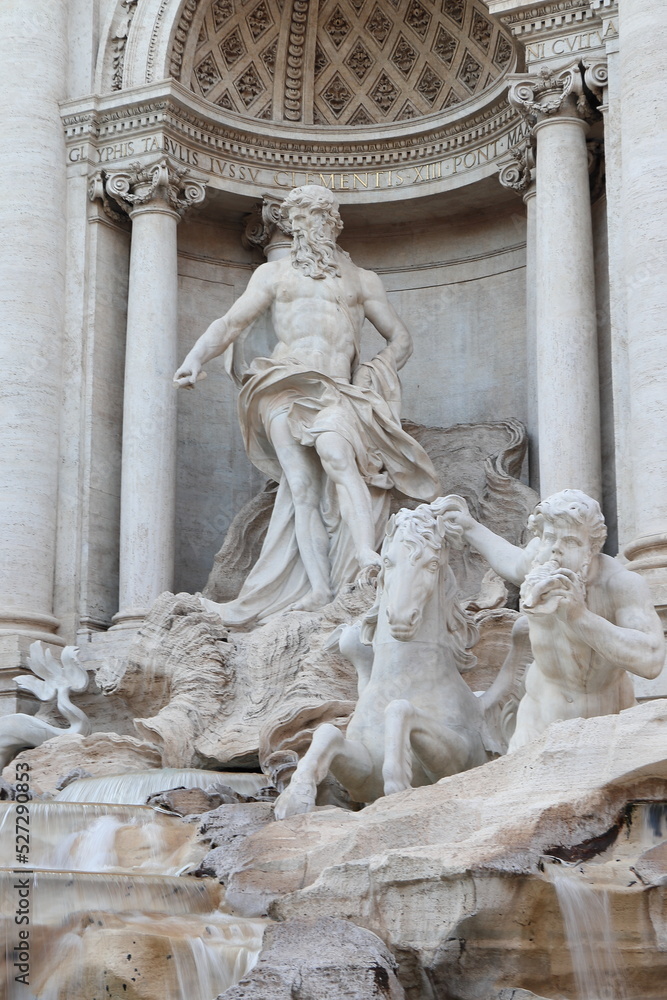 Trevi Fountain Close Up with Statue of Ocean, a Horse and a Triton in Rome, Italy