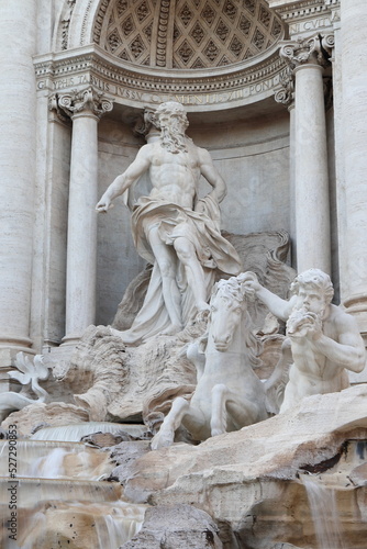 Trevi Fountain Close Up with Statue of Ocean, a Horse and a Triton in Rome, Italy