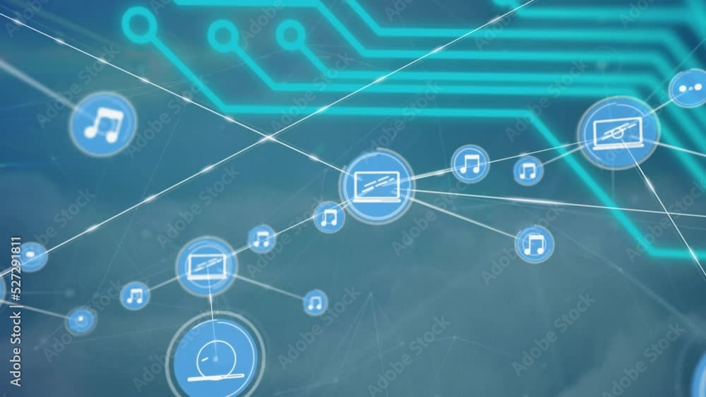 Animation of network of connections with icons over blue background Animation of network of connections with icons over blue background