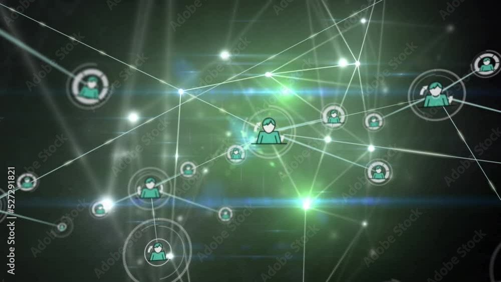 Animation of network of connections with icons over gloving lights on dark background Animation of network of connections with icons over gloving lights on dark background