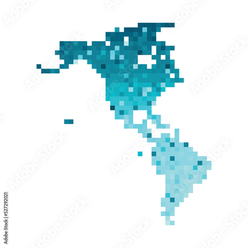 Vector isolated geometric illustration with simplified icy blue silhouette of North and South America  continent  map. Pixel art style for NFT template. Dotted logo with gradient texture