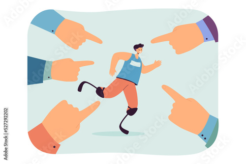 Peoples hands pointing fingers at prosthetic runner. Tiny happy man with artificial legs running flat vector illustration. Respect, disability concept for banner, website design or landing web page