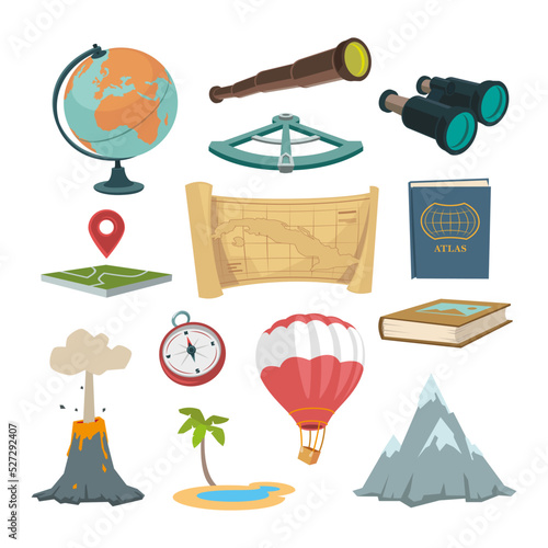 Planet exploration symbols cartoon illustration set. Compass, sextant, globe or sphere, map, atlas, hot air balloon, island, mountains, book, location pin, spyglass and binocular. Geography concept