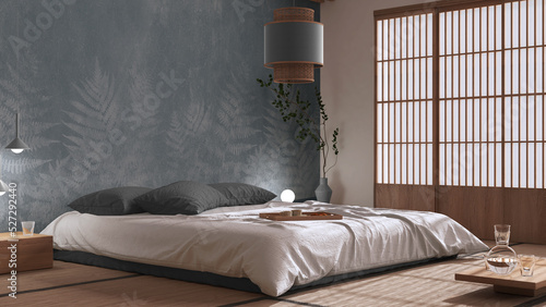 Japanese bedroom in white and gray tones, zen style. Double bed, tatami mats, paper lamp, meditation space. Minimalist japandi interior design