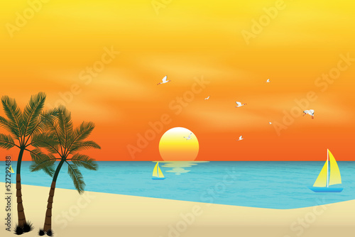 Beautiful sunset beach scene with nice trees background
