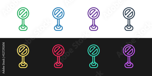 Set line Stop sign icon isolated on black and white background. Traffic regulatory warning stop symbol. Vector