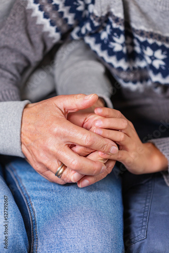 Hands of senior woman and a child, care and support