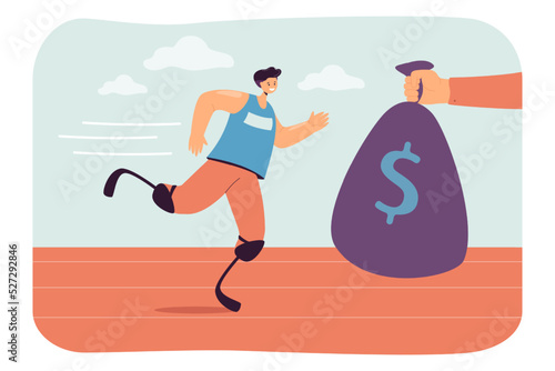 Hand giving bag of money to jogging runner on prosthetics. Tiny man with amputated legs running flat vector illustration. Sport, disability concept for banner, website design or landing web page