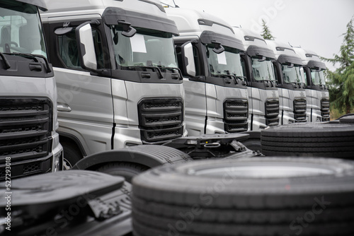 New heavy trucks in truck store, trucks lined up, truck market