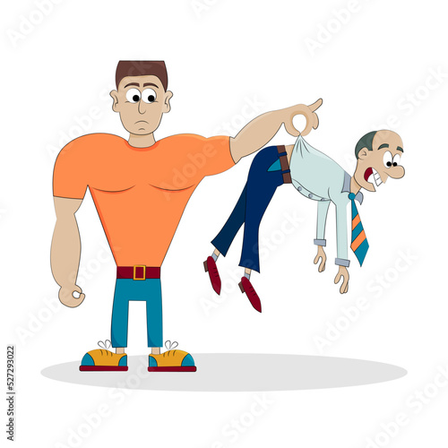 The concept of quitting your job. A giant employee dismisses a supervisor from his job. People overthrew the president. Dominance, power, justice. conceptual banner. Flat vector illustration, cartoon 