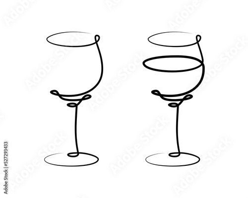 Wine wineglass on white background. Graphic arts sketch design. Black one line drawing style. Hand drawn image. Alcohol drink concept for restaurant, cafe, party. Freehand drawing style