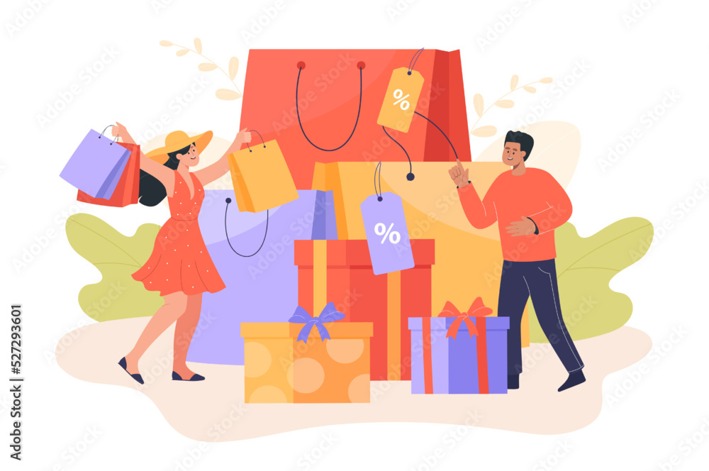 Happy tiny man and woman with shopping bags and huge gift boxes. Cartoon shopaholics going on shopping spree flat vector illustration. Shopping, sale concept for banner, website design or landing page Happy tiny man and woman with shopping bags and huge gift boxes. Cartoon shopaholics going on shopping spree flat vector illustration. Shopping, sale concept for banner, website design or landing page