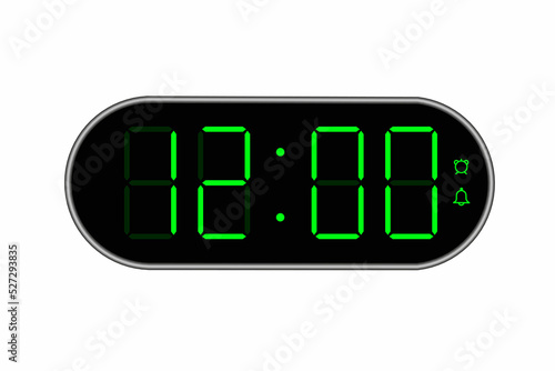 Vector flat illustration of a digital clock displaying 12.00 . Illustration of alarm with digital number design. Clock icon for hour, watch, alarm signs.