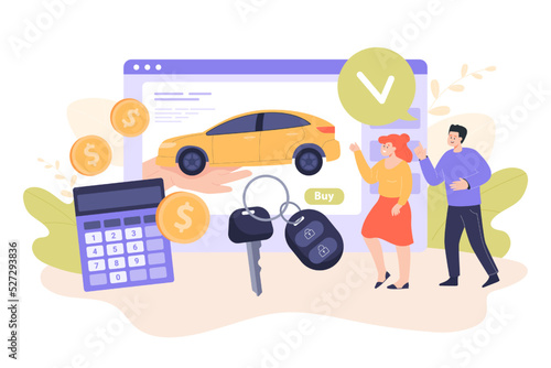 Tiny man and woman buying car via internet shop. Auto review search, couple buying vehicle flat vector illustration. Dealership, online shopping, payment concept for banner or landing web page