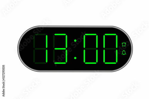 Vector flat illustration of a digital clock displaying 13.00 . Illustration of alarm with digital number design. Clock icon for hour, watch, alarm signs.