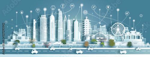 Technology wireless network communication smart city with architecture landmarks Hong kong.