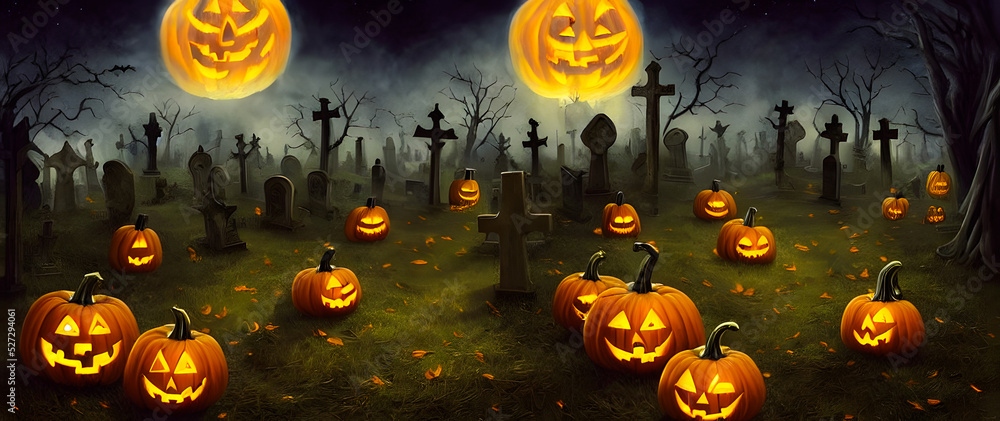 Fototapeta premium Artistic painting concept of Halloween background with pumpkin in a spooky Graveyard at night, Natural color, digital art style, illustration painting. Creative Design, Tender and dreamy design.