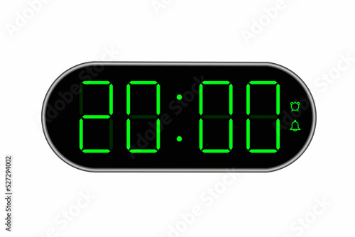 Vector flat illustration of a digital clock displaying 20.00 . Illustration of alarm with digital number design. Clock icon for hour, watch, alarm signs.