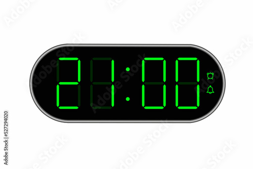 Vector flat illustration of a digital clock displaying 21.00 . Illustration of alarm with digital number design. Clock icon for hour, watch, alarm signs.