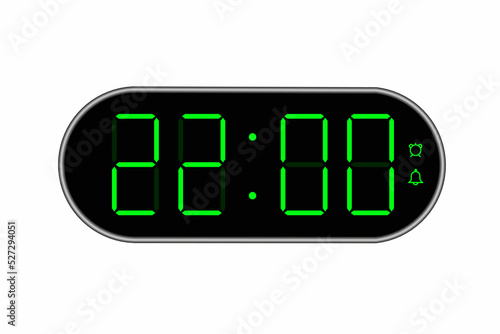 Vector flat illustration of a digital clock displaying 22.00 . Illustration of alarm with digital number design. Clock icon for hour, watch, alarm signs.
