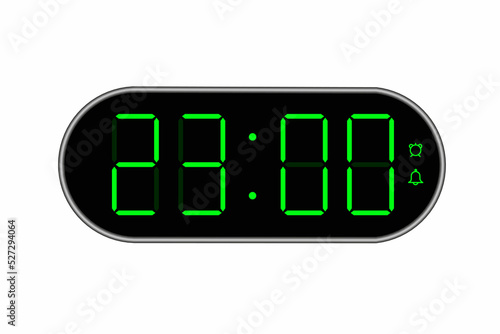 Vector flat illustration of a digital clock displaying 23.00 . Illustration of alarm with digital number design. Clock icon for hour, watch, alarm signs.