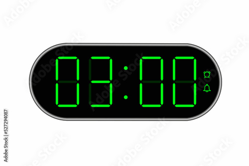 Vector flat illustration of a digital clock displaying 03.00 . Illustration of alarm with digital number design. Clock icon for hour, watch, alarm signs.