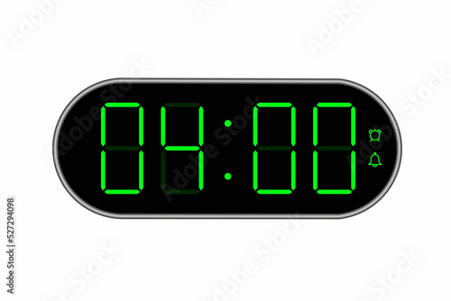 Vector flat illustration of a digital clock displaying 04.00 . Illustration of alarm with digital number design. Clock icon for hour, watch, alarm signs.