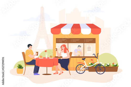 Young couple drinking coffee at street cafeteria in summer. Happy man and woman on date near coffee shop in town flat vector illustration. Romance, street cafe concept for banner or landing web page