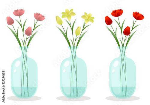 Vases with flowers set. Tulips in vases. Lilies in vases. Pink, yellow and red flowers. Transparent flower vases with water. Flower vase vector illustration isolated on white background. Various color