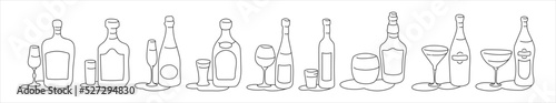 Liquor rum champagne tequila wine vodka whiskey martini vermouth bottle and glass outline icon on white background. Black white cartoon sketch graphic design. Doodle style. Hand drawn image.
