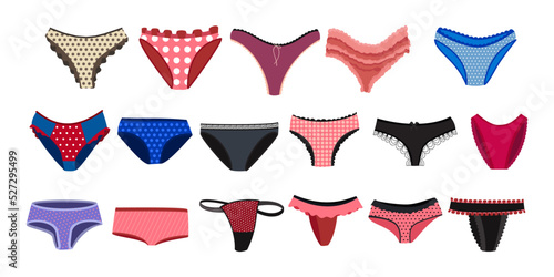 Women underwear cartoon illustration set. Female cotton and silk panties in different styles, thong, tanga, bikini, hipster, slip. Lingerie, femininity, glamour concept