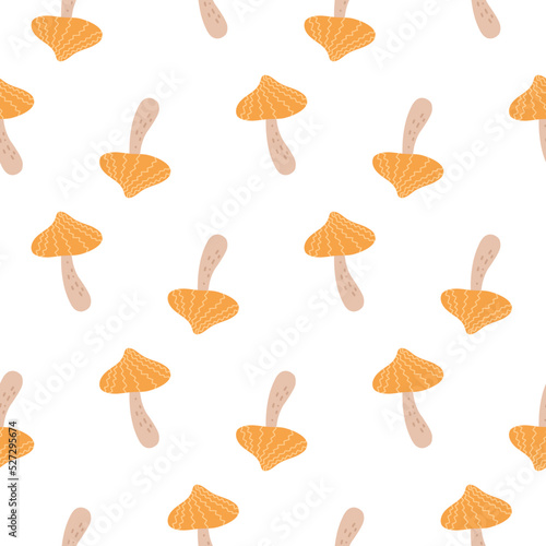 Mushrooms pattern. Hand drawn cartoon mushrooms on a pattern for textiles, fabrics, backgrounds, wallpapers, kitchen decor, wrapping paper, labels.