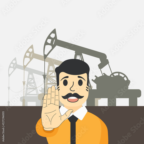 Man shows a stop with his hand in protest against the extraction and purchase of oil. World oil crisis. Prohibition refusal to purchase petroleum. Market dictates conditions extraction, production