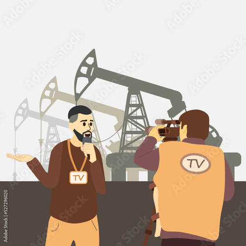 Journalist with a cameraman is reporting on the background of oil rigs and production. World Journalist Day. Prohibition refusal to purchase petroleum. Pumps petroleum derrick, diesel, petrol.