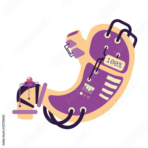 Mechanical cybernetic stomach future. Eternal human stomach. Interchangeable human organs future. Powerful belly in cyberpunk or frostpunk style. Genetic research, Healthcare. Artificial organ.