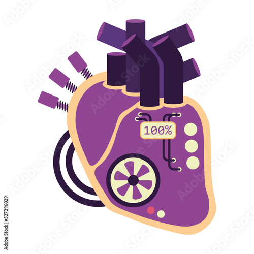 Mechanical cyber heart of future new technologies. New eternal heart for human organ transplantation. Futuristic human energy engine mechanical motor. Heart world of cyberpunk, frostpunk, metaverse