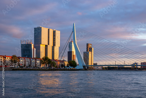 Lit up skyline of Rotterdam with part of the famous Erasmus bridge in the foreground and architecture 
of typical modern skyscrapers at sunset