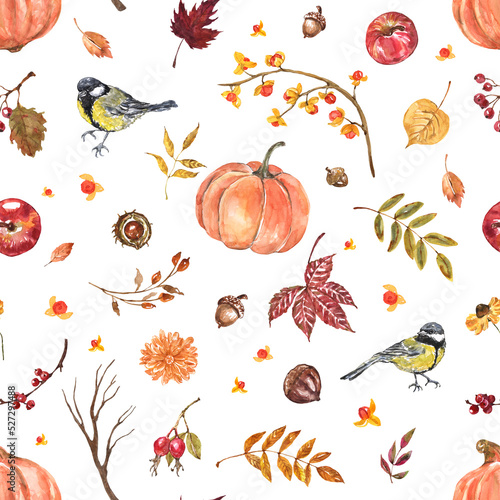 Fototapeta Naklejka Na Ścianę i Meble -  Fall seamless pattern with watercolor plants, foliage, tit, berries, pumpkins, apples. Autumn harvest illustration.