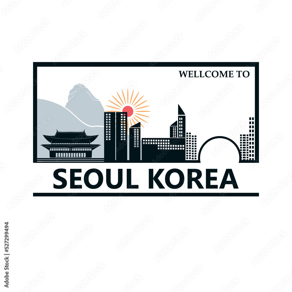 seoul korea big and modern city logo, silhouette of building, mountain and urban scape vector illustrations