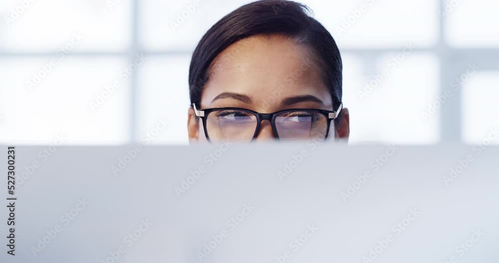 Eyes, glasses and reading business woman with a computer or digital marketing worker working on online brand ux or ui project. Young, professional expert or analyst reading a digital report Eyes, glasses and reading business woman with a computer or digital marketing worker working on online brand ux or ui project. Young, professional expert or analyst reading a digital report