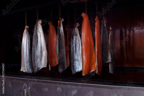 Salmon fish hanging in smokehouse. Smoked fish, traditional way of fish preserving.