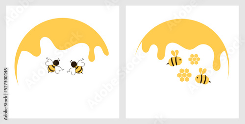 honey sign logos with bee cartoons isolated on white backgrounds vector illustration.