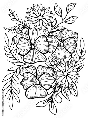 coloring book violets flowers plants graphics vector doodle illustration antistress for children and adults isolated on a white background