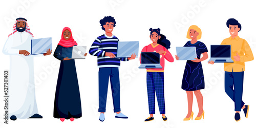 Men and women standing with laptops. Vector illustration. Internet technology team and business meeting concept