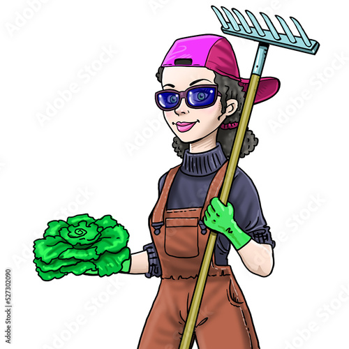 Gardener woman, cartoon character in uniform on white background.	

